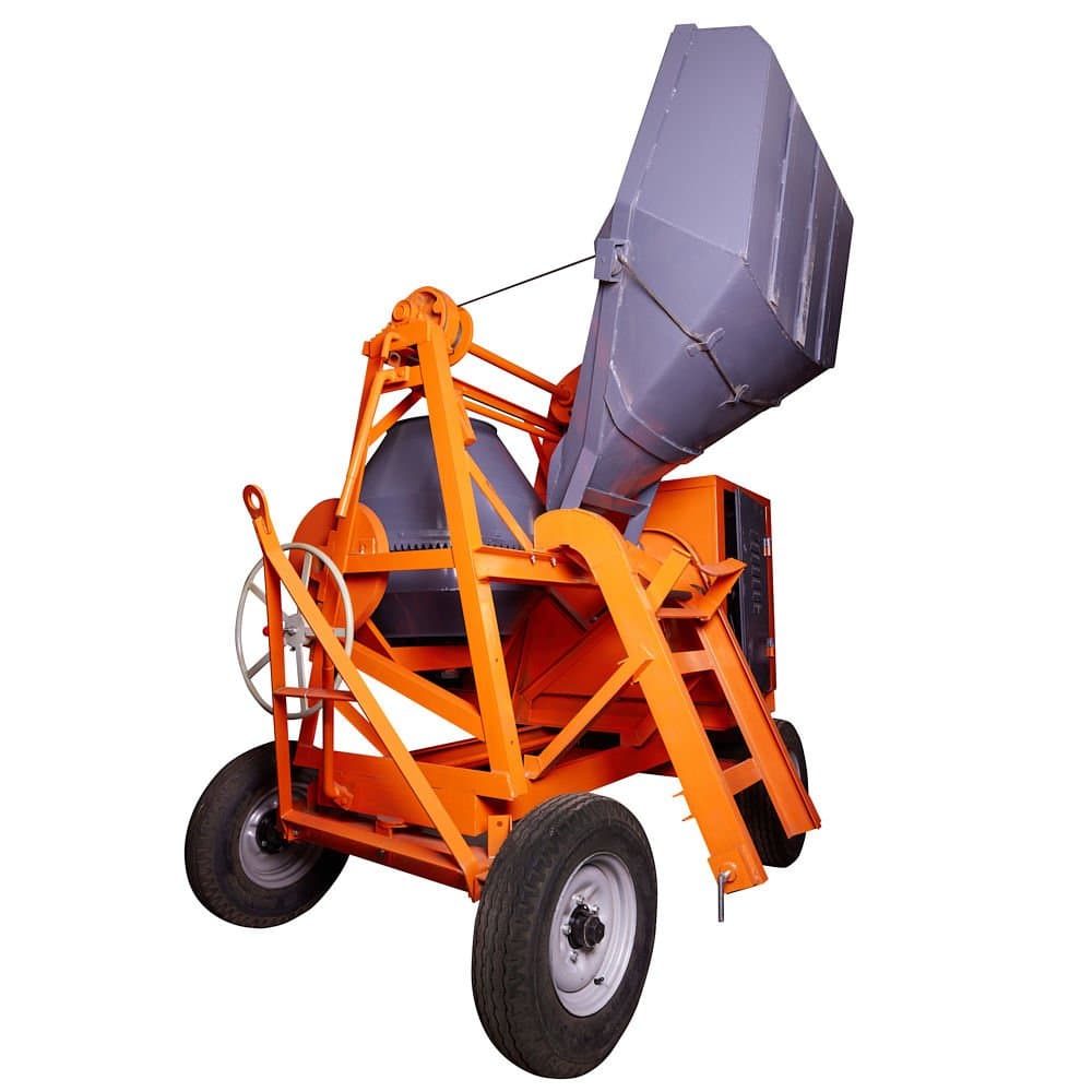 Concrete mixer with hopper and winch